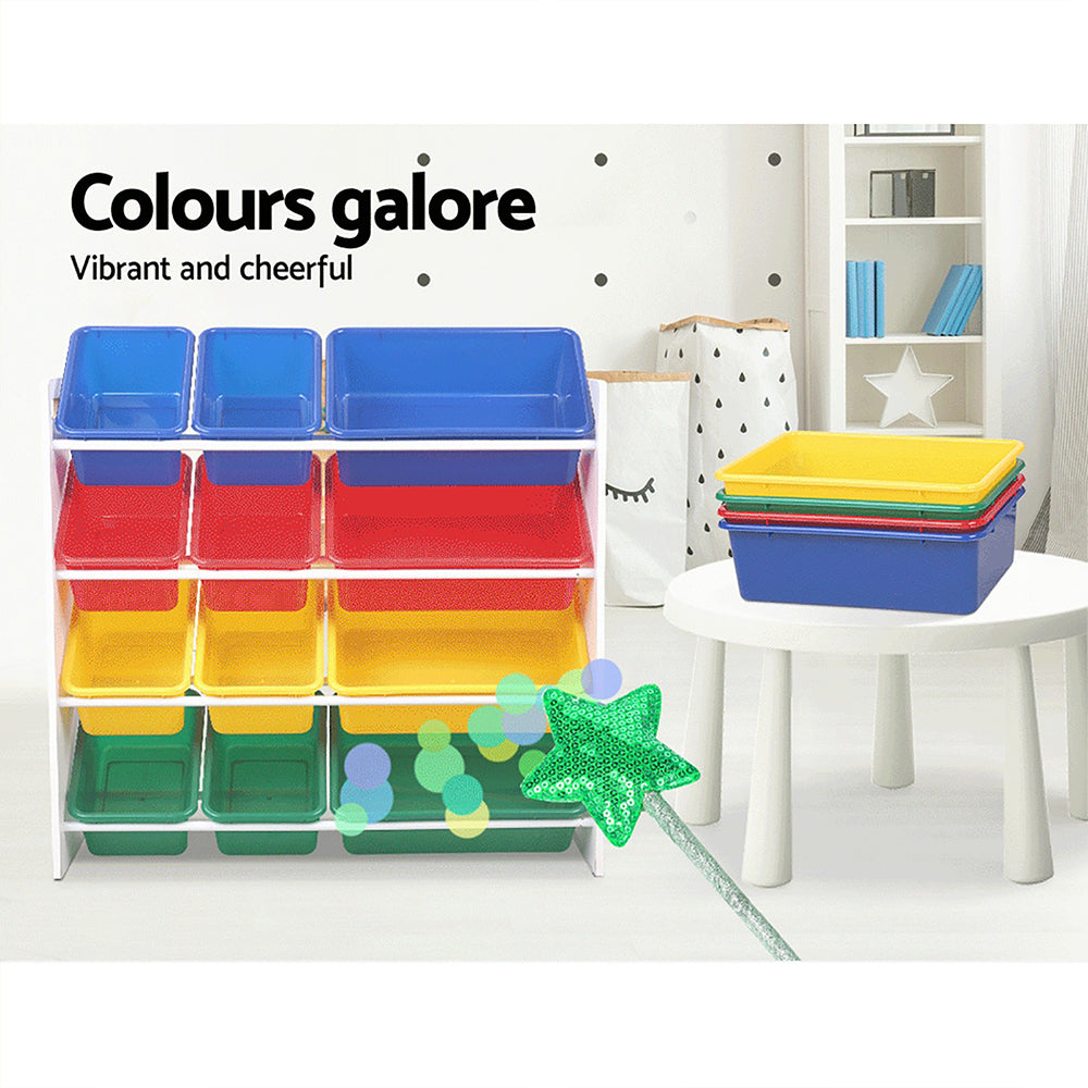 12 Bin Kids Toy and Book Storage Rack - White