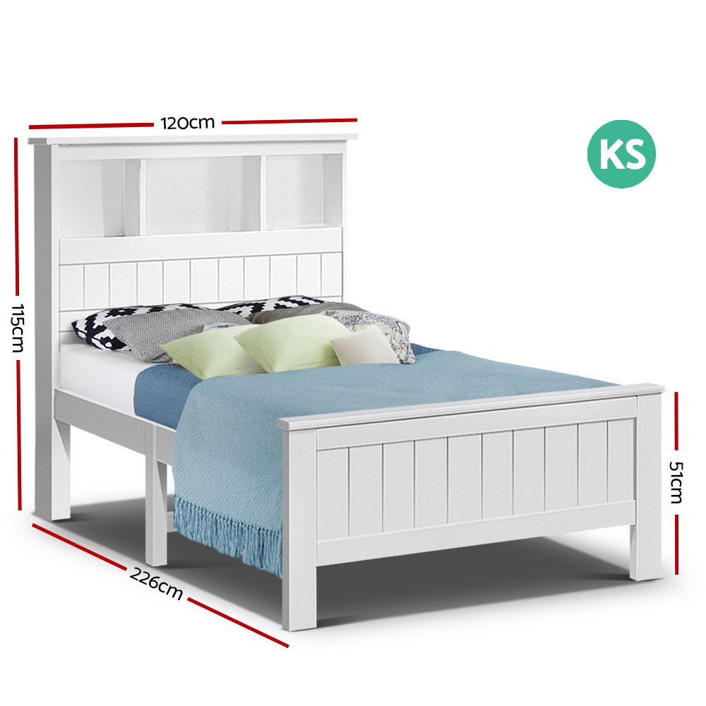 Conqueror King Single Size Wooden Bed Frame with 3 Shelves - White