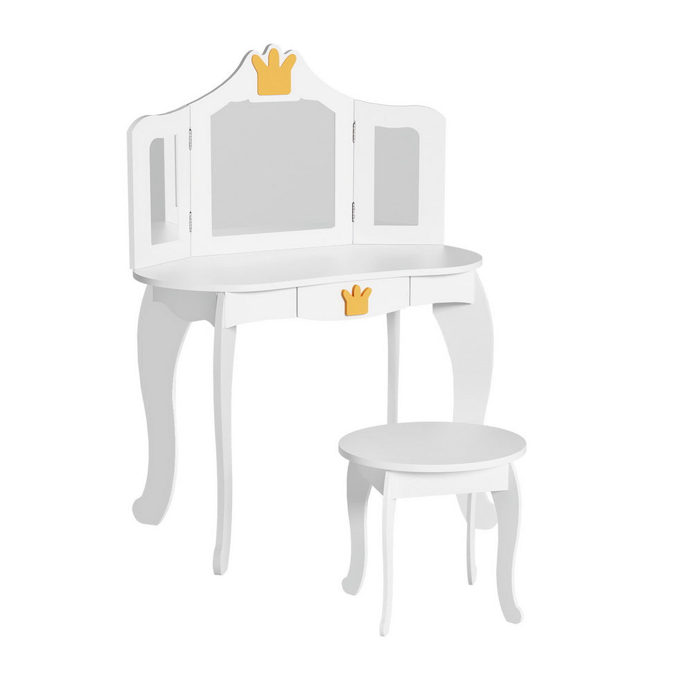 Kids Vanity Table & Chair Set with Triple Mirror - White Wood