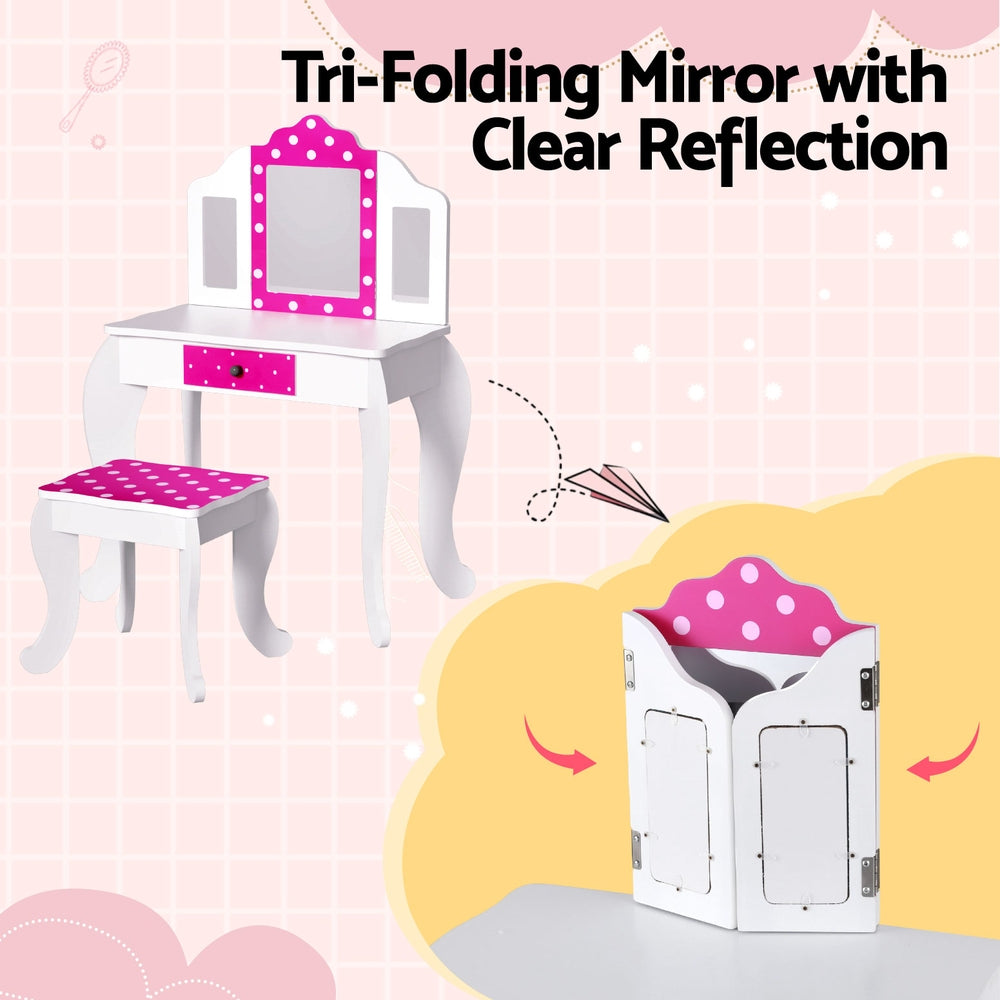 Kids Vanity Set with Triple Mirror and Chair - Pink