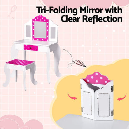 Kids Vanity Set with Triple Mirror and Chair - Pink