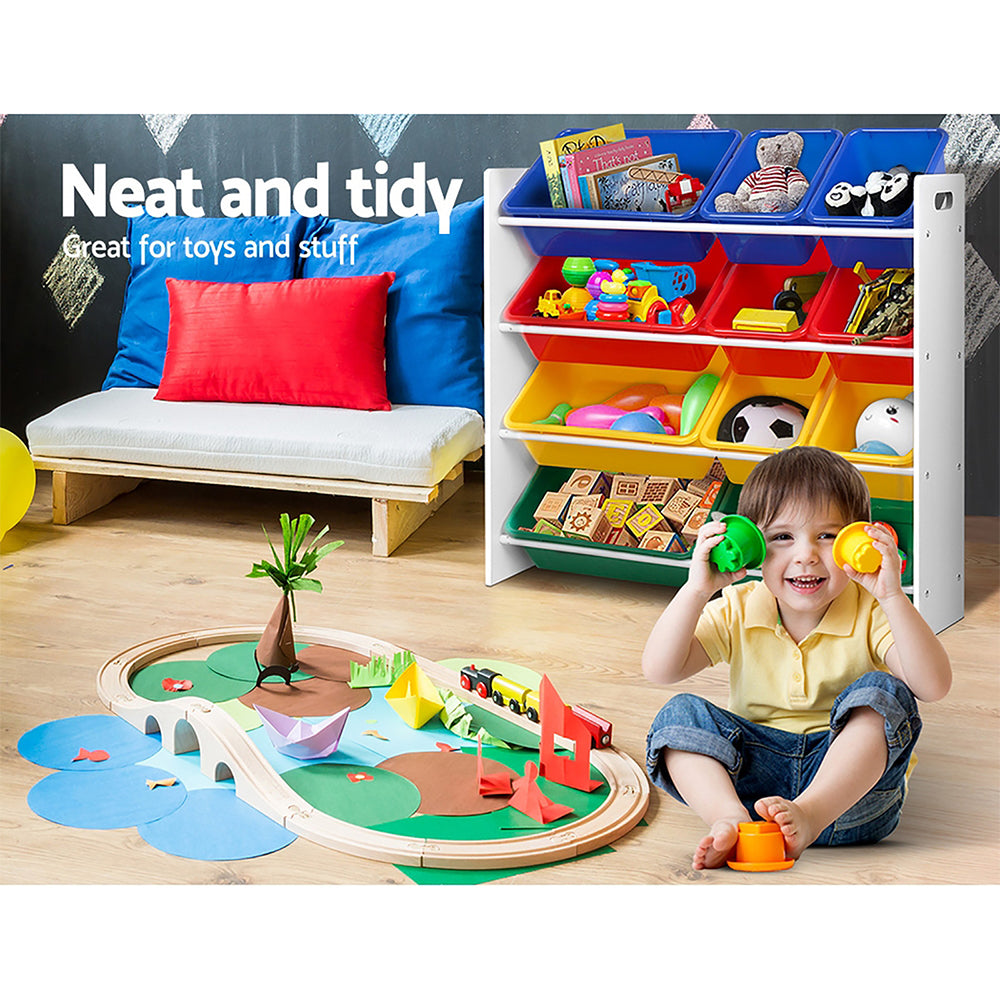 12 Bin Kids Toy and Book Storage Rack - White