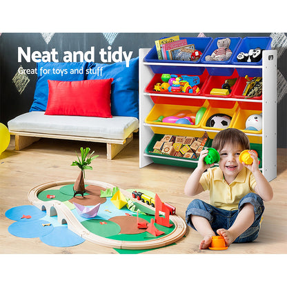 12 Bin Kids Toy and Book Storage Rack - White