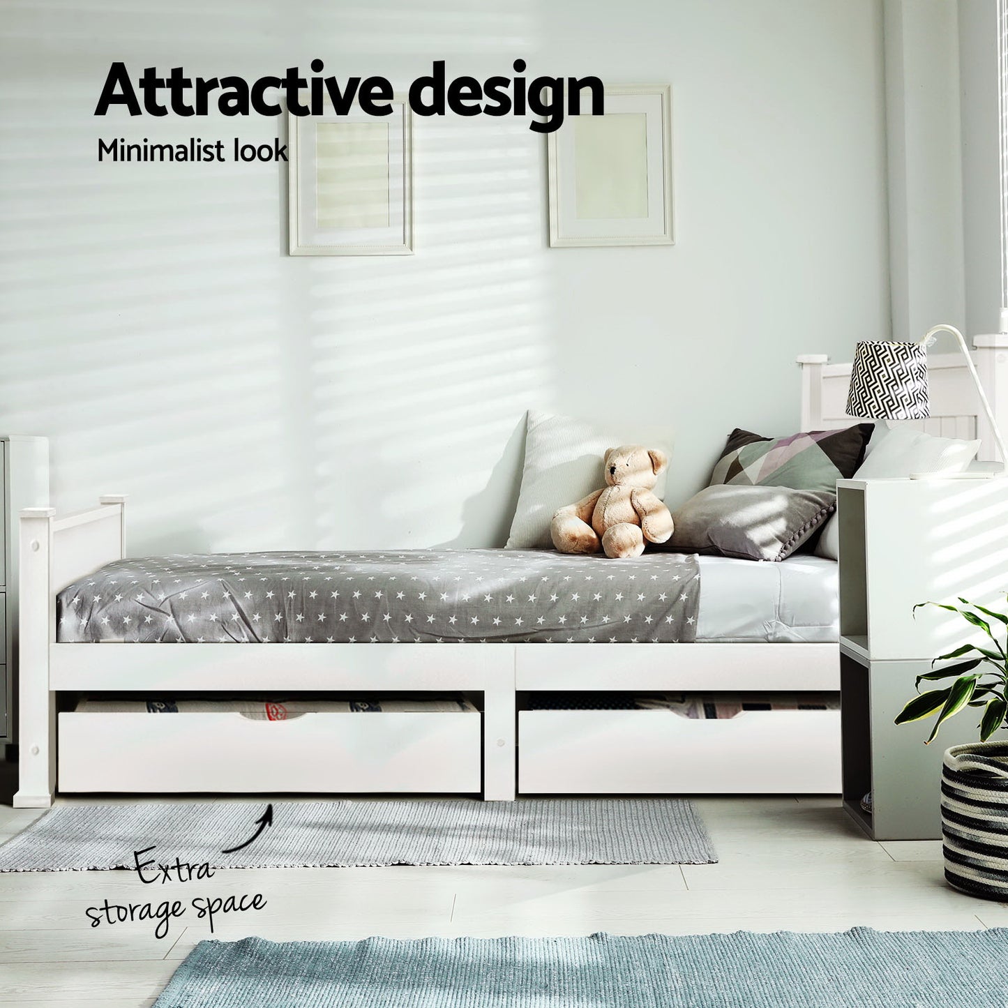Rio Single Bed Frame with 2 Drawers - White