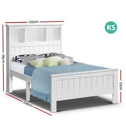 Conqueror King Single Size Wooden Bed Frame with 3 Shelves - White