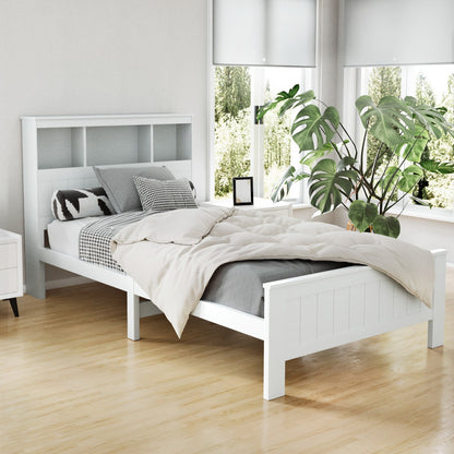 Conqueror King Single Size Wooden Bed Frame with 3 Shelves - White