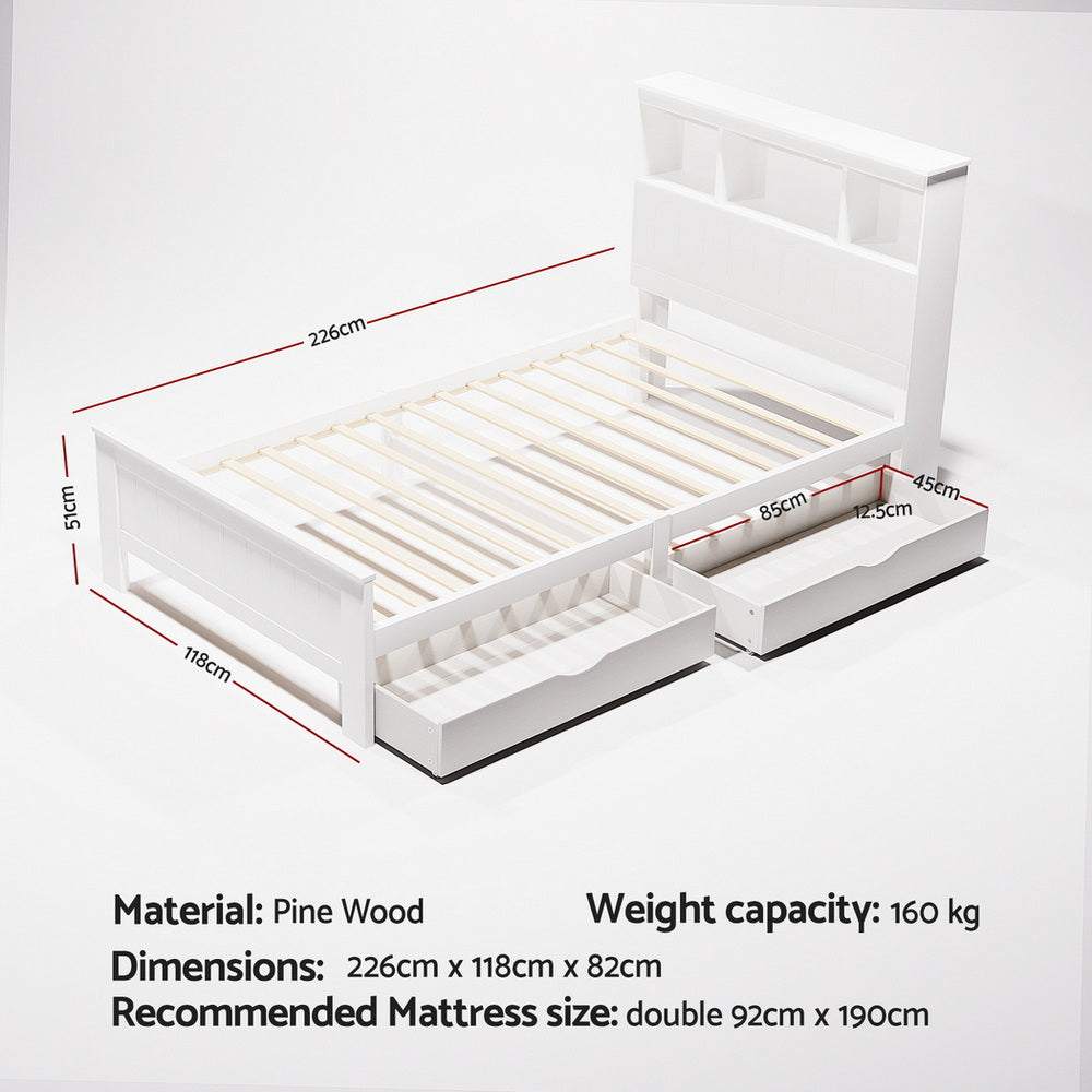 Conquerer King Single Bed Frame with 2 Storage Drawers - White