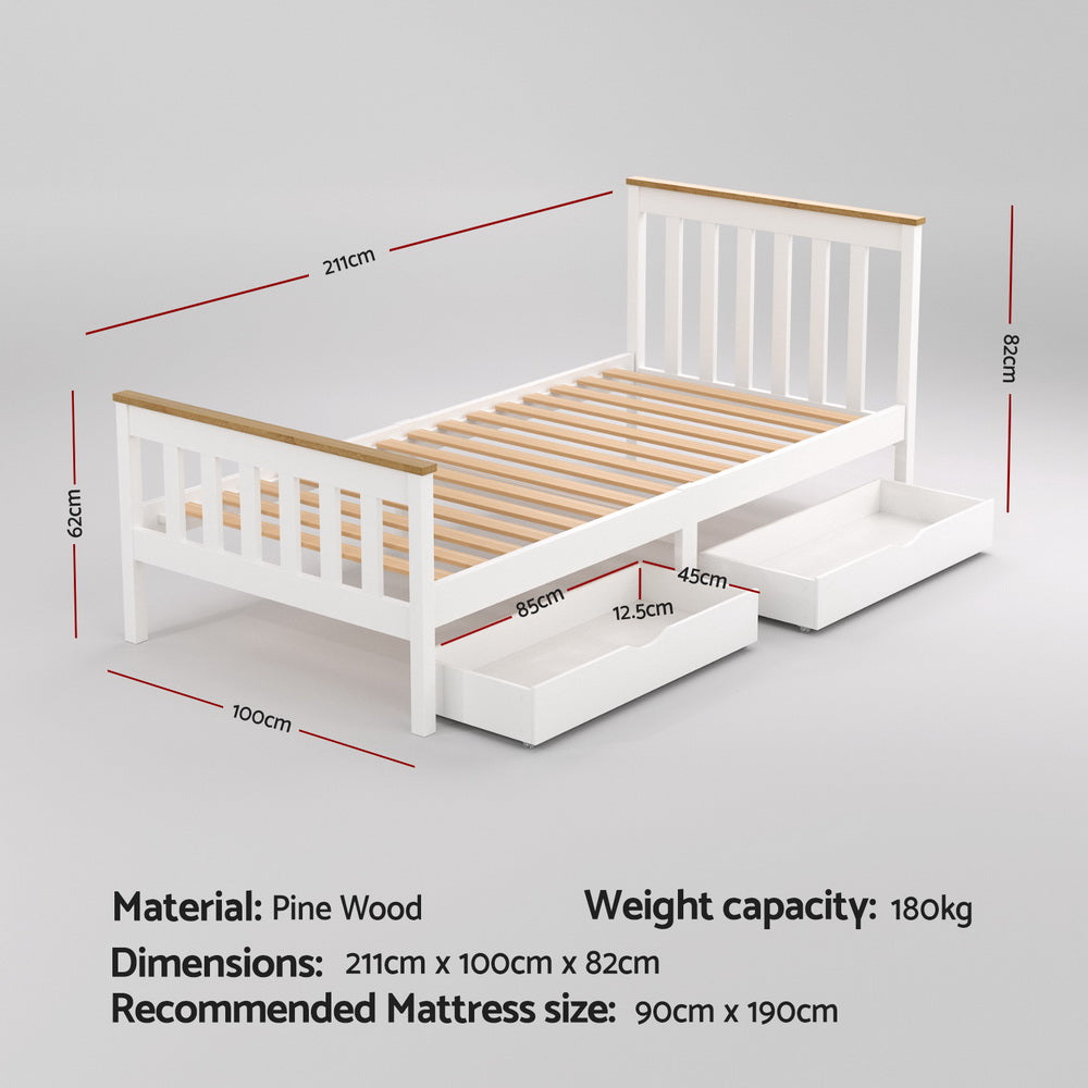 Pony Single Bed Frame  with 2 Storage Drawers - White