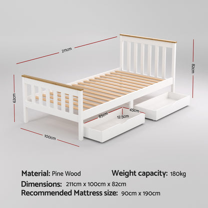 Pony Single Bed Frame  with 2 Storage Drawers - White