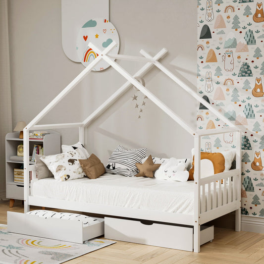 Kids Single Timber House Bed Frame with 2 Storage Drawers